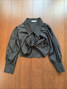 Cropped Black Tie-Front Puff Sleeve Blouse